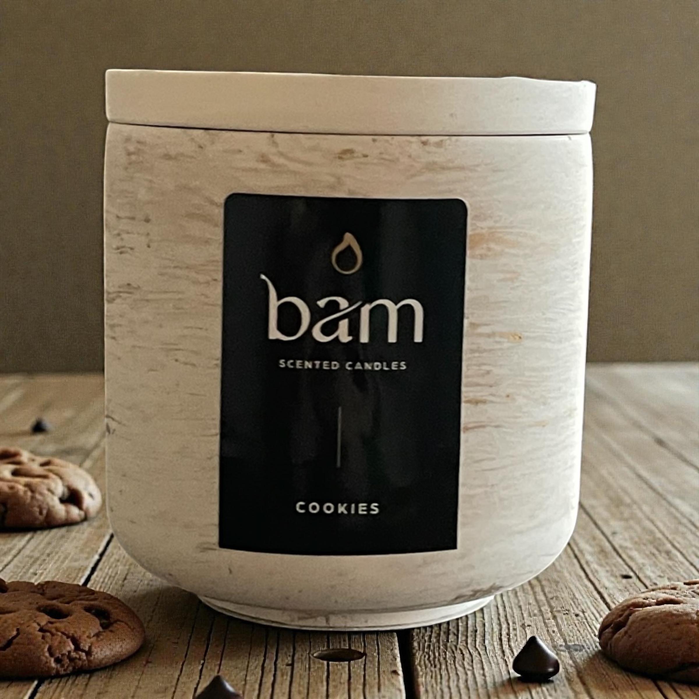 Cookies - brons gemarmerd rond potje met deksel met houten wi